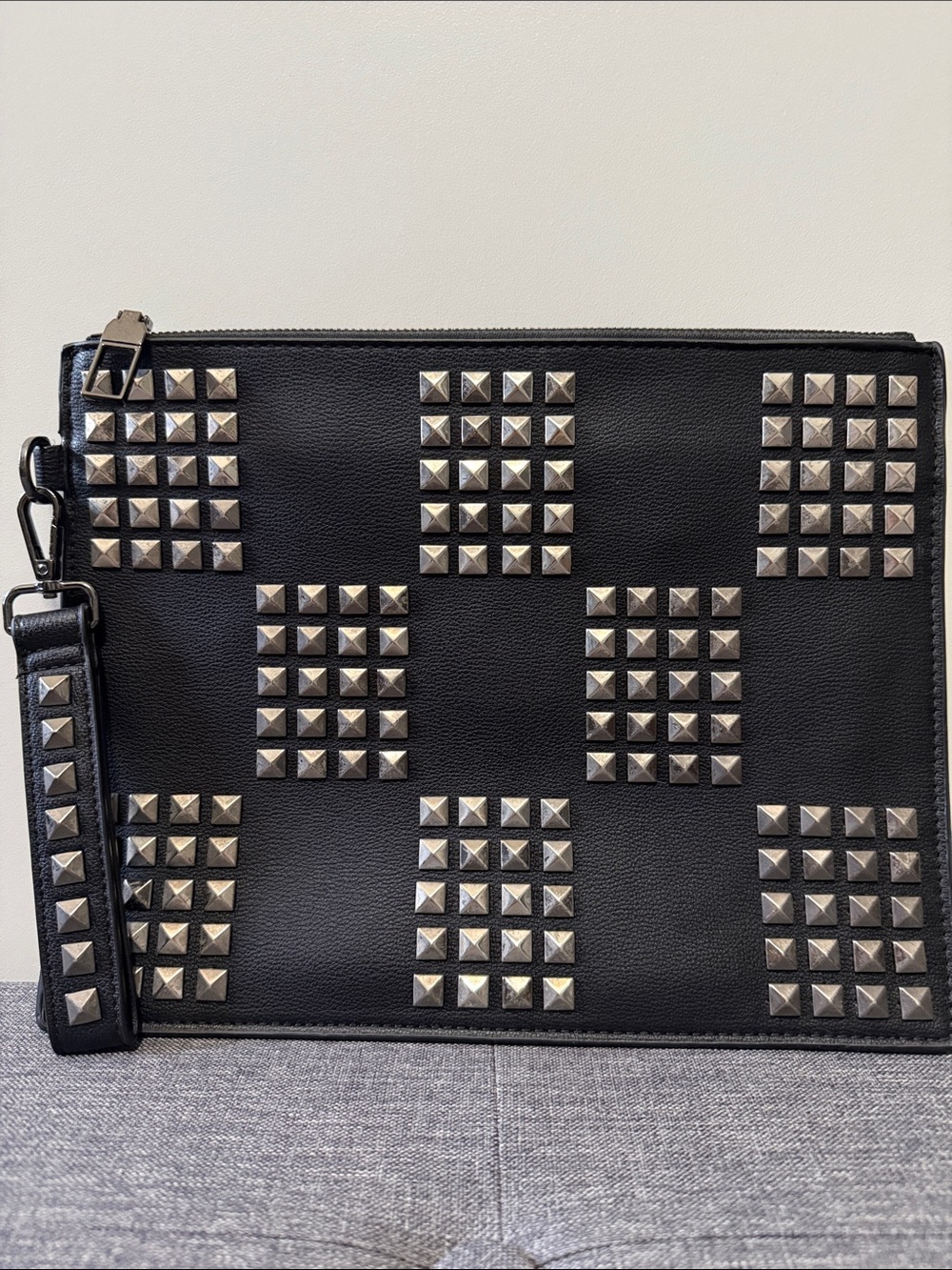Zara Black Studded Leather Wristlet Clutch with Silver Hardware